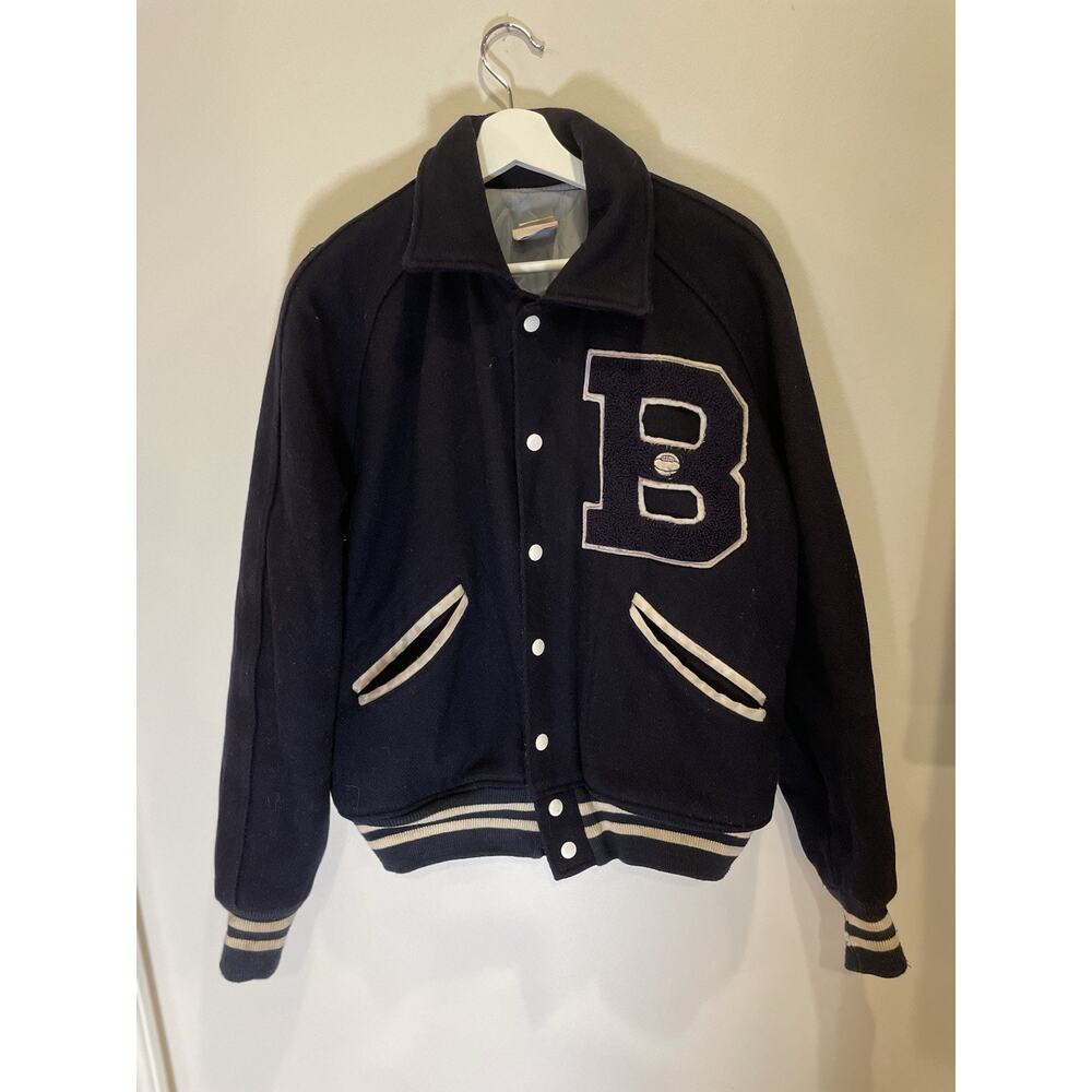 Vintage Felco Basketball Navy Wool Quilted Varsity Letterman Jacket Sz M/L - Picture 2 of 11